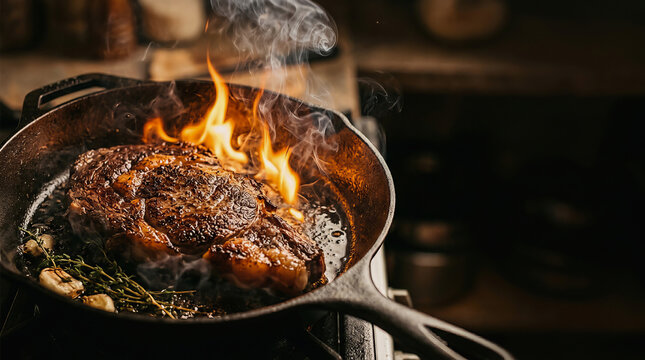Sizzling steak with flames and herbs cooking in a cast iron skillet on stove