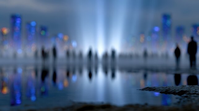 surreal urban scene with translucent aliens, reflections of city lights, and cinematic realism blended with dreamlike surrealism