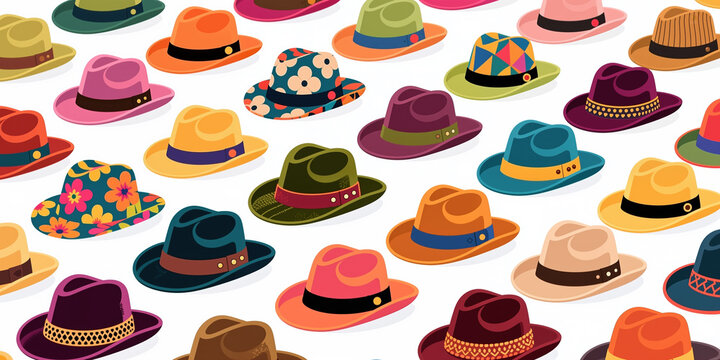 A repeating pattern of varied, decorative hats with different colors, bands, and embellishments is arranged on a white background.