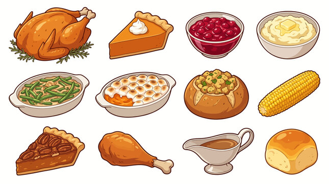 A traditional Thanksgiving feast featuring roasted turkey, pumpkin pie, and various side dishes on a table.