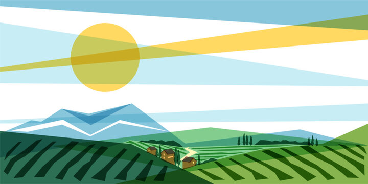 Abstract geometric Tuscany vineyard landscape background. Sun, green grape fields vector illustration