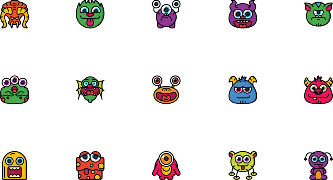 Colorful creepy cute monster avatars and alien faces vector icon set
