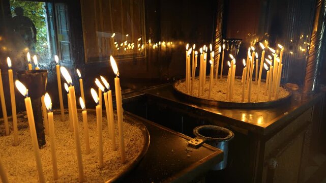 Burning Candles In Church. Chapel Sacred Atmosphere. Religious Ritual Rituals. Spiritual Faith And Prayer