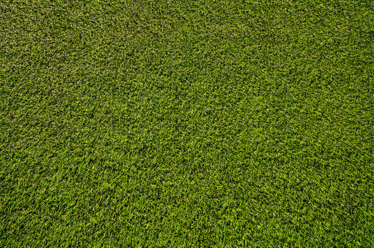 Artificial green soccer turf texture in warm evening sunlight. Synthetic grass field pattern during golden hour. Sunset light on football pitch lawn