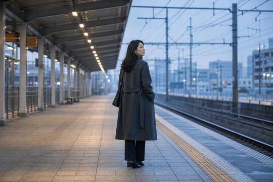 冬朝の駅ホームに佇むロングコートの女性