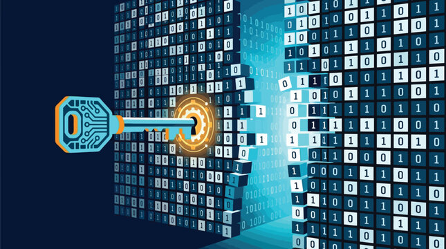 Cyber security vector illustration featuring a glowing digital key unlocking a massive wall composed of binary code data blocks