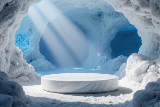 White marble podium stands in icy cave with sunbeams. Empty circular platform on snow ground. Natural glacial rock formation. Arctic ice cavern backdrop. Product display setting.