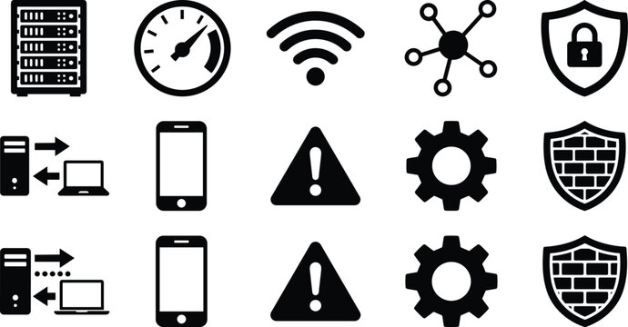 Client server computer arrows phone mobile device failure warning triangle settings gear.
