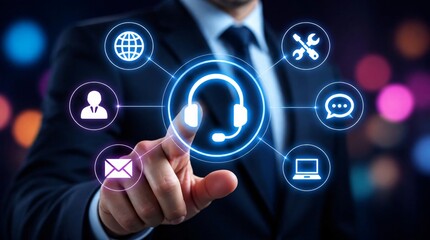 Fototapeta premium Close up businessman touching a digital headset icon, concept of online technical assistance and help desk services.