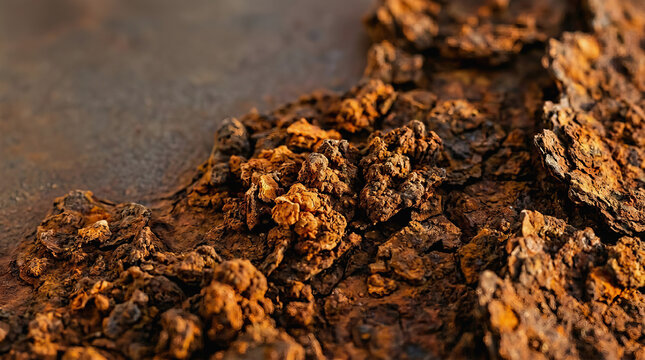 Close up of rough brown textured surface resembling dried mud or cracked earth with uneven patterns and natural lighting highlighting details
