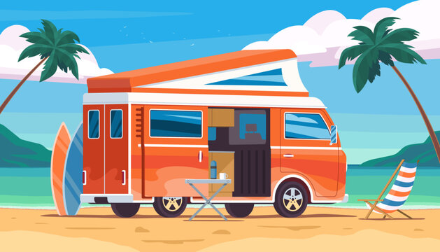 Van life flat illustration. A camper van parked on the beach against the backdrop of a summer tropical landscape with the sea, palm trees, and mountains. Concept for road trips, mobility, RV living.