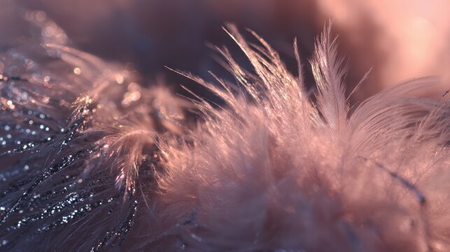Close view of soft feathers with light shining through at a warm setting, showing textures and colors in detail