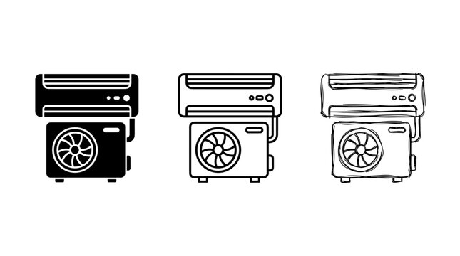 Three variations of cooling unit and server tower icons in doodle outline and glyph styles