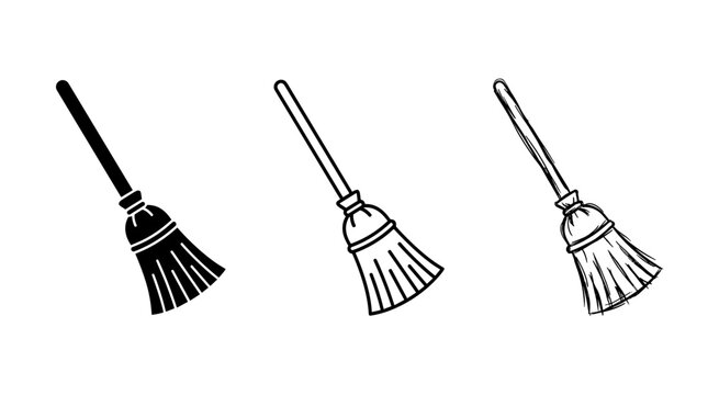 Set of three stylized broom illustrations in hand-drawn outline and solid black art styles