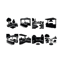 Obraz premium Comprehensive collection of outdoor kitchen and barbecue grill silhouettes, featuring various backyard patio designs for al fresco cooking and entertaining vector illustrations.