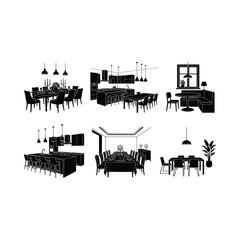 Obraz premium Modern Kitchen and Dining Room Interior Vector Silhouette Set Featuring Elegant Dining Tables, Chairs, and Pendant Lighting