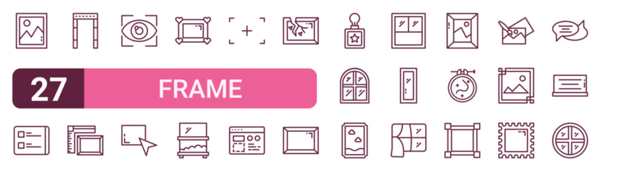 Set of 27 outline Frame icons for modern UI, landing pages and digital services. Editable stroke collection with frame, checklist, security gate, frame, window frame and