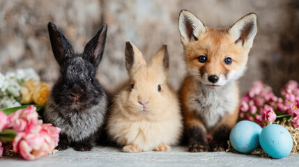 Obraz premium Fox and rabbits together with flowers and eggs during springtime