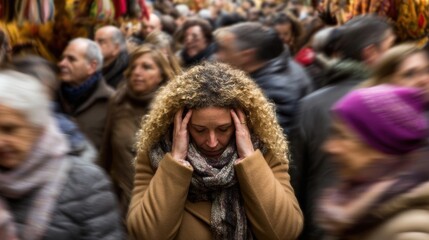 Obraz premium Crowded street scene shows woman looking stressed in busy market during winter