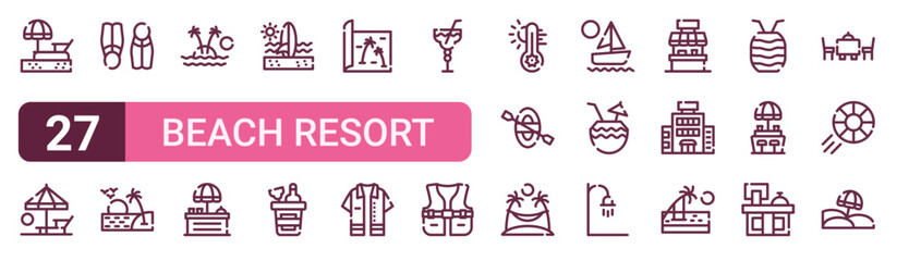 Set of 27 outline Beach Resort icons for modern UI, landing pages and digital services. Editable stroke collection with lounger, summer, flippers, wine, kayak and swing. © Felix