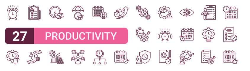 Naklejka premium Set of 27 outline Productivity icons for modern UI, landing pages and digital services. Editable stroke collection with time awareness, interruption, task list, multitasking, effective and