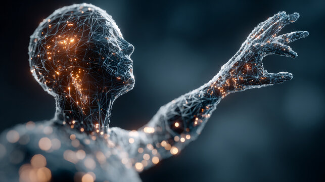 Digital human profile with glowing neural network and data flow in futuristic cyber space