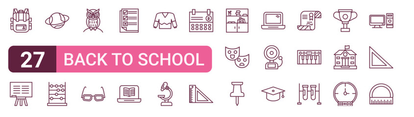 Set of 27 outline Back to School icons for modern UI, landing pages and digital services. Editable stroke collection with backpack, blackboard, saturn, online education, theatre and test tubes. © Felix