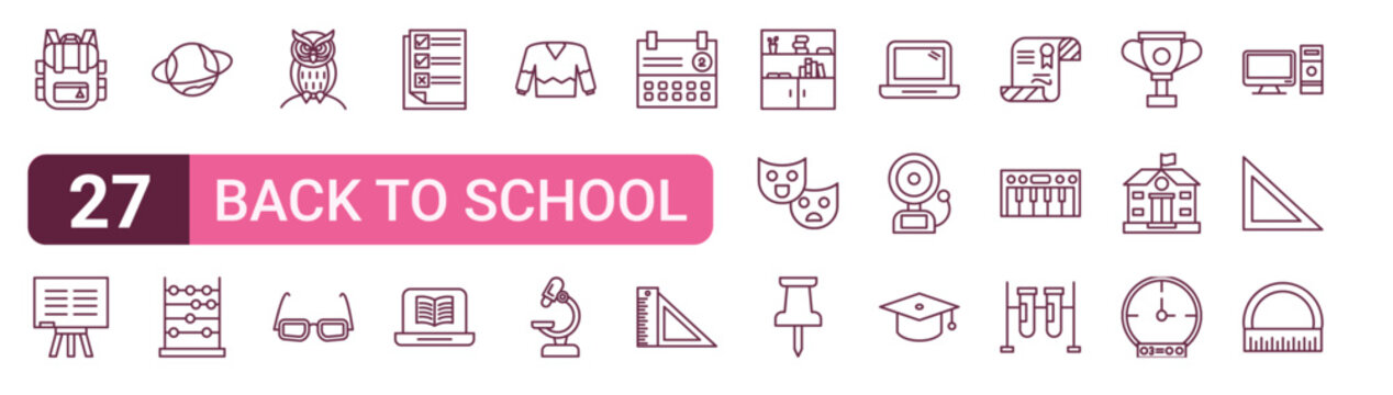 Set of 27 outline Back to School icons for modern UI, landing pages and digital services. Editable stroke collection with backpack, blackboard, saturn, online education, theatre and test tubes.