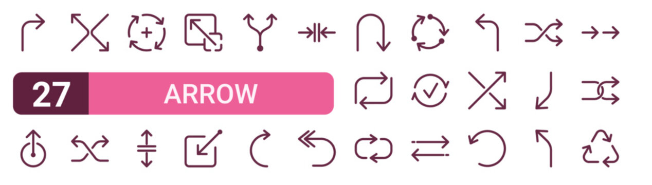 Set of 27 outline Arrow icons for modern UI, landing pages and digital services. Editable stroke collection with turn right, swipe up, exchanging, minimize, loop and return.