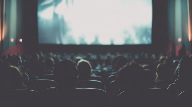 Crowd watches movie at theater during evening screening in urban setting