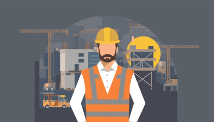 A construction worker in a high-visibility vest and hard hat stands in front of a building site with cranes and equipment. © Roma