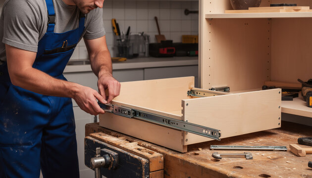 Skilled male carpenter wearing blue overalls carefully installing metal slide rails onto a new wooden drawer while working at a messy workbench inside a professional carpentry workshop