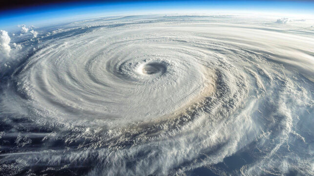 Massive hurricane viewed from space with a clear eye and swirling clouds