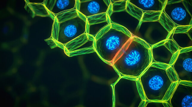 Microscopic view of plant cells with glowing green cell walls and blue nuclei in a hexagonal pattern against dark background.