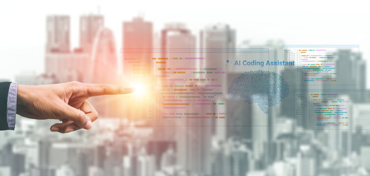 A businessman gestures towards an AI coding assistant in an abstract, tech-inspired cityscape. The image captures the blend of technology and innovation in a modern urban environment. Cyphers