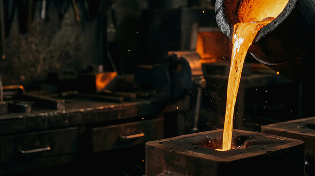 Molde de metal fundido sendo vertido em um forno industrial com fa?scas brilhantes e ambiente escuro.