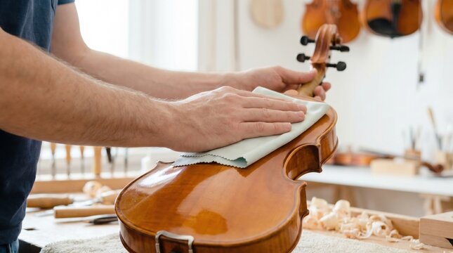Luthier polishing the wooden back of a classical violin with a soft cloth in a workshop