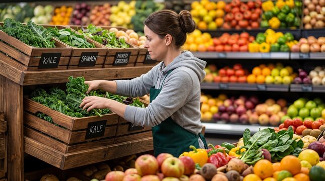 Female grocery worker stocking fresh kale in wooden crates, organic produce department in a supermarket, retail employee arranging vegetables