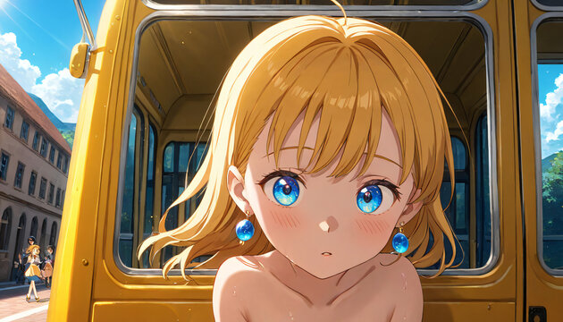 ILLUSTRAZIONE ANIME DIGITALE DI UNA STUDENTESSA BIONDA DAVANTI A UNO SCUOLABUS GIALLO