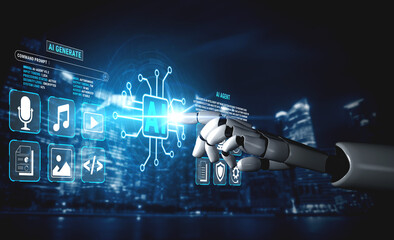 Obraz premium Futuristic Robot Hand Interacting with Artificial Intelligence Interface, Technology Concept, Digital Innovation, Automation and Data Visualizations Fluxor.