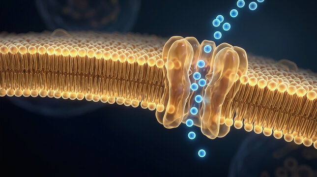 Scientific illustration shows blue particles passing through a golden cell membrane protein channel in dark background.