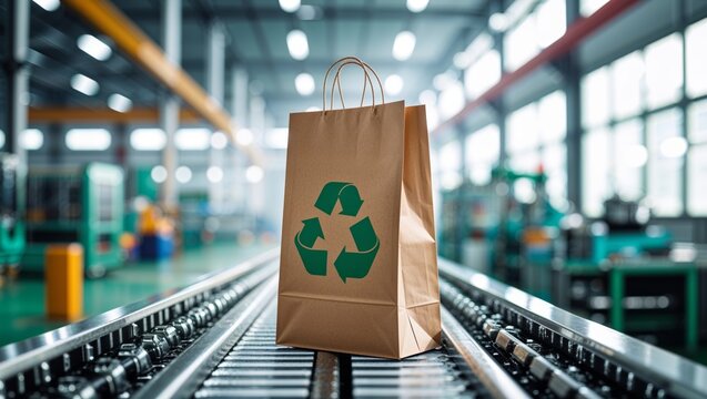 Brown paper bag with recycling symbol on a conveyor belt in a factory