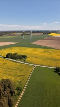 Aerial view of the straight road leading towards Bj&auml;rka-S&auml;by New Castle (Nya Slottet) in Sweden. Cinematic drone perspective of a rural road and historic European architecture.