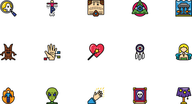 Esoteric magic occult symbols and spooky Halloween colored vector icon set