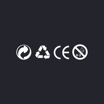 Product Compliance and Packaging Symbols Set - Recycling, CE Mark, and Age Restriction Icons on Dark Background