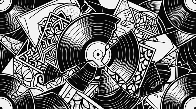 Artistic monochromatic collage featuring broken vinyl records and intricate mandala patterns in a hand-drawn music themed graphic illustration.