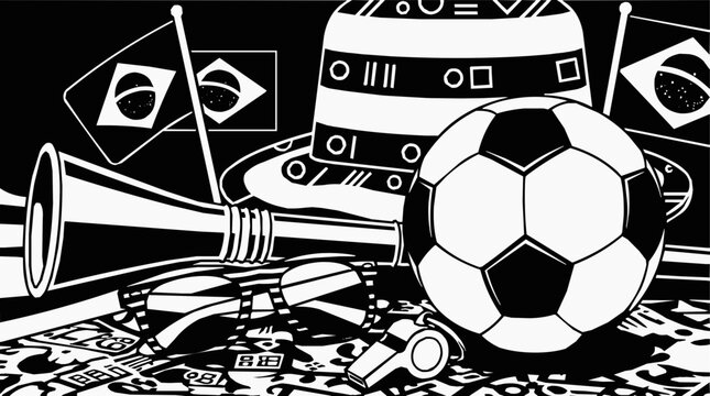 High contrast black and white illustration of a soccer ball and Brazil flag surrounded by a vuvuzela, fan accessories, and a whistle for sport fans.