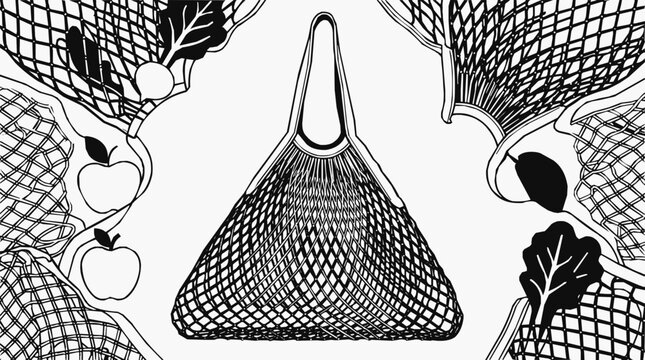 Eco-friendly string bag and mesh tote illustration for zero waste grocery shopping with organic produce and minimalist line art style