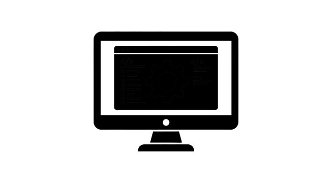 Vector illustration of computer monitor icon with software development code and gear settings symbol on a transparent background
