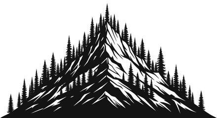 Black and white mountain peak illustration with pine forest silhouette and sharp rocky ridges. © Pasni